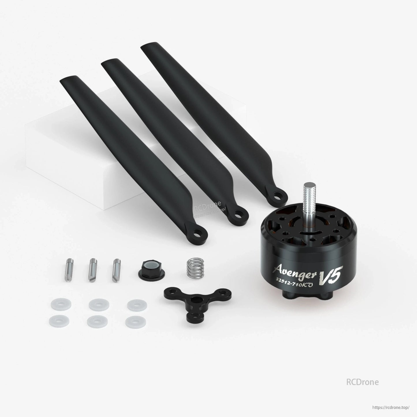 BrotherHobby Avenger V5 32512 710KV brushless motor with prop blades, threaded shaft, and included hardware