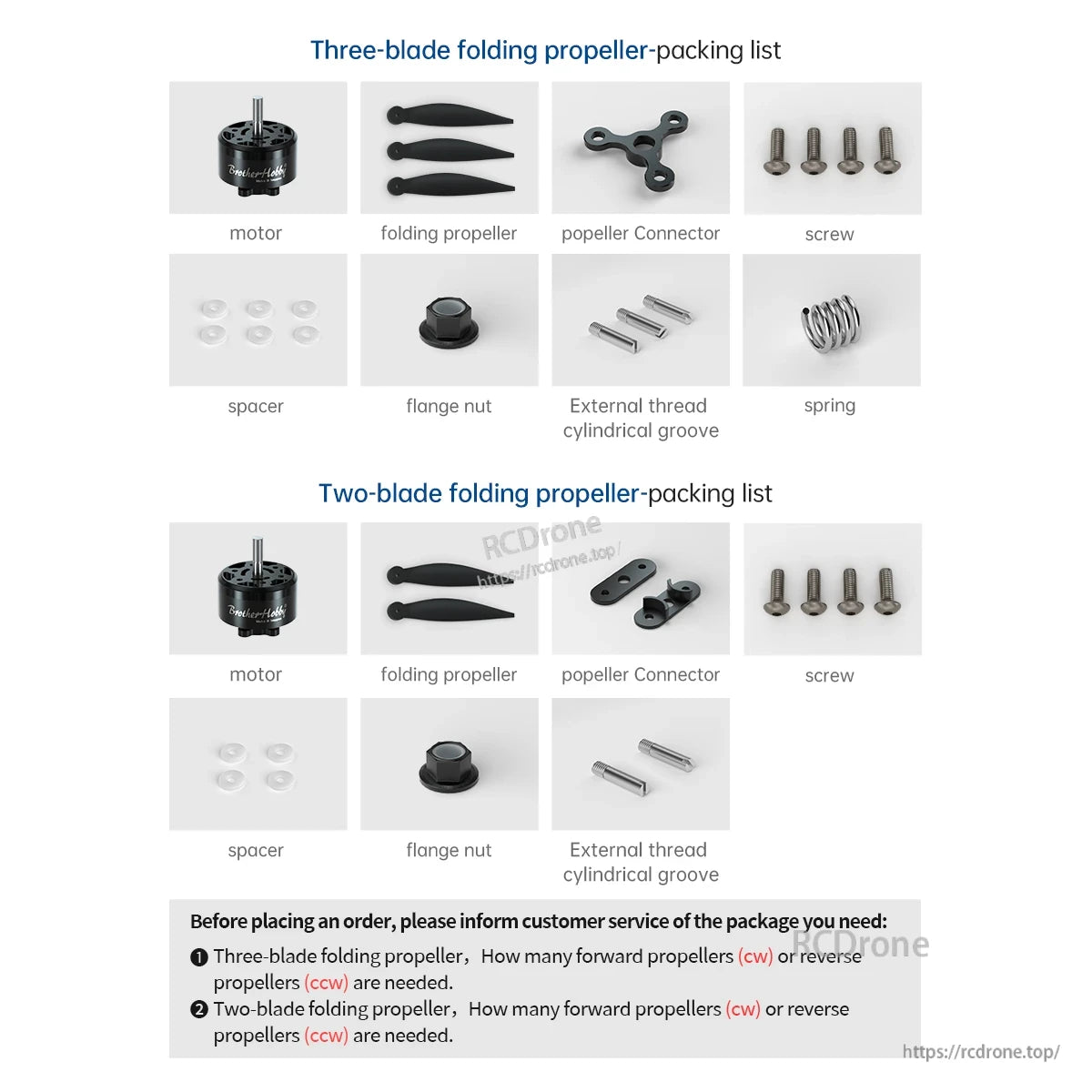 Packing list for two-blade and three-blade folding propeller kits with motor, hub connector, screws, spacers and nuts