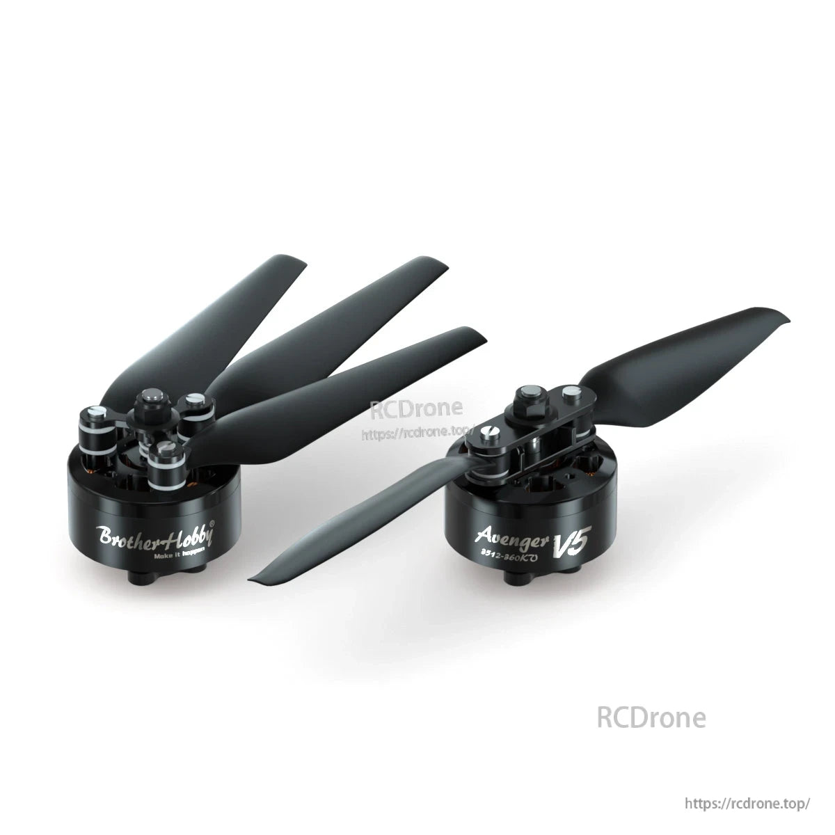 BrotherHobby Avenger 3512 V5 CW Brushless Motor, BrotherHobby Avenger V5 brushless motor with three-blade propeller, top-mount screws, and black housing