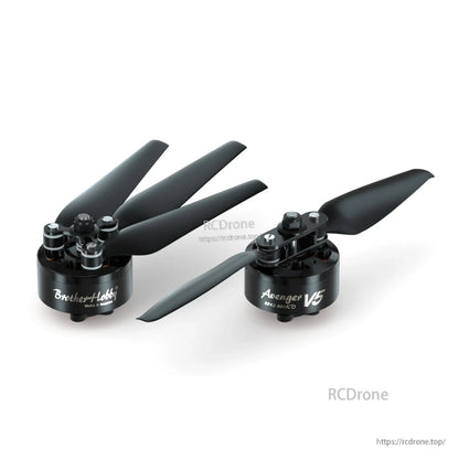 BrotherHobby Avenger 3512 V5 CW Brushless Motor, BrotherHobby Avenger V5 brushless motor with three-blade propeller, top-mount screws, and black housing