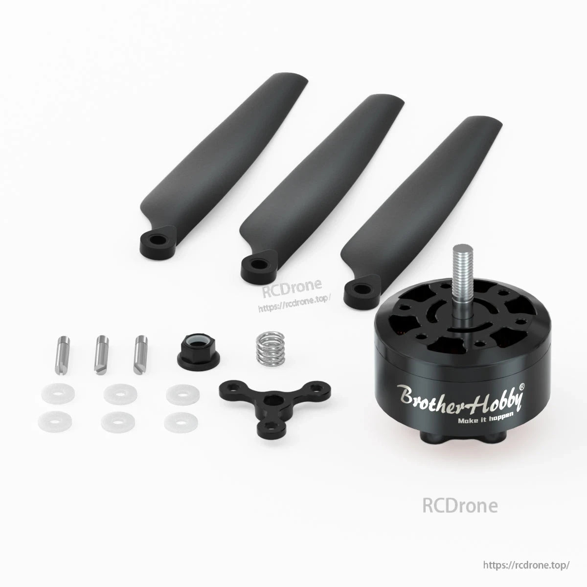BrotherHobby Avenger 3512 V5 CW Brushless Motor, BrotherHobby Avenger brushless motor with threaded shaft, three propeller blades, and mounting hardware kit