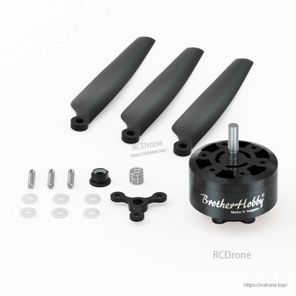 BrotherHobby Avenger 3512 V5 CW Brushless Motor, BrotherHobby Avenger brushless motor with threaded shaft, three propeller blades, and mounting hardware kit