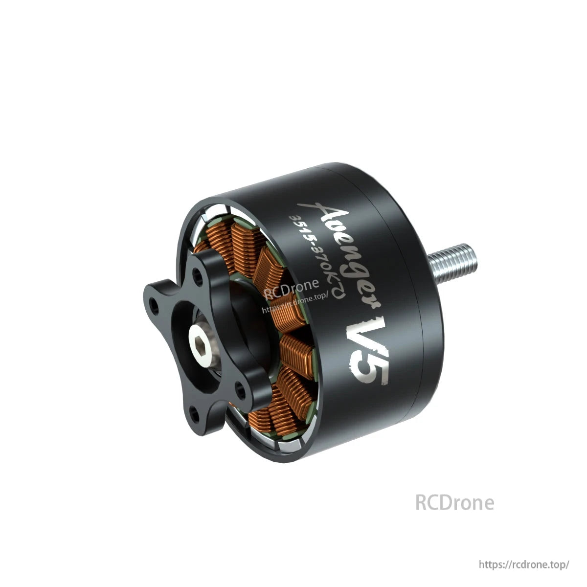 BrotherHobby Avenger 3515 V5 CW brushless motor with black can, visible copper windings, and threaded shaft