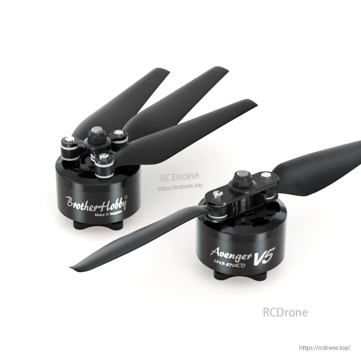 BrotherHobby Avenger 3515 V5 CW Brushless Motor, Two BrotherHobby Avenger V5 3515 brushless drone motors with black propellers, labeled 3515-370KV