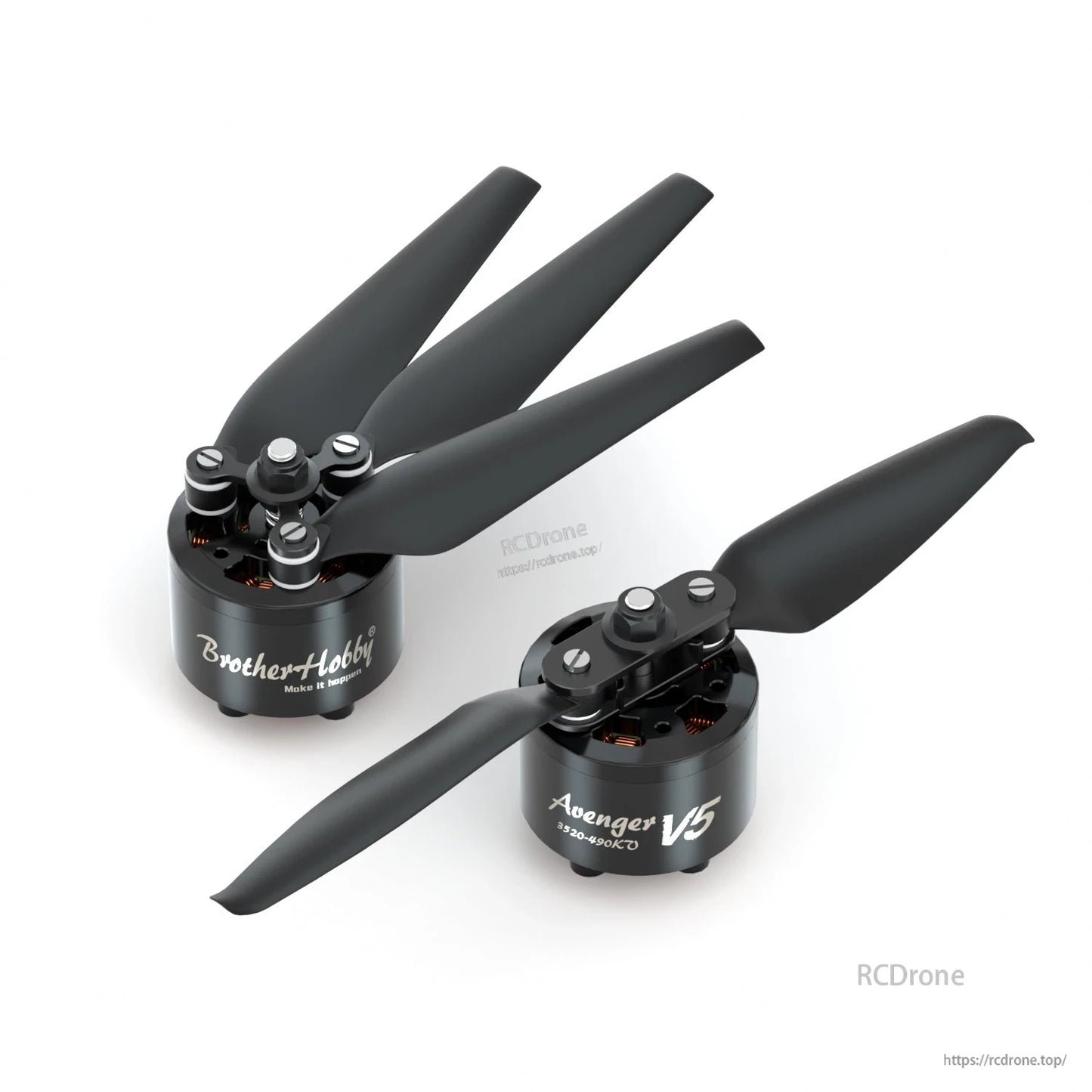 BrotherHobby Avenger 3520 V5 CW Brushless Motor, Two BrotherHobby Avenger V5 3520 brushless motors with black propellers installed, showing top mount hardware