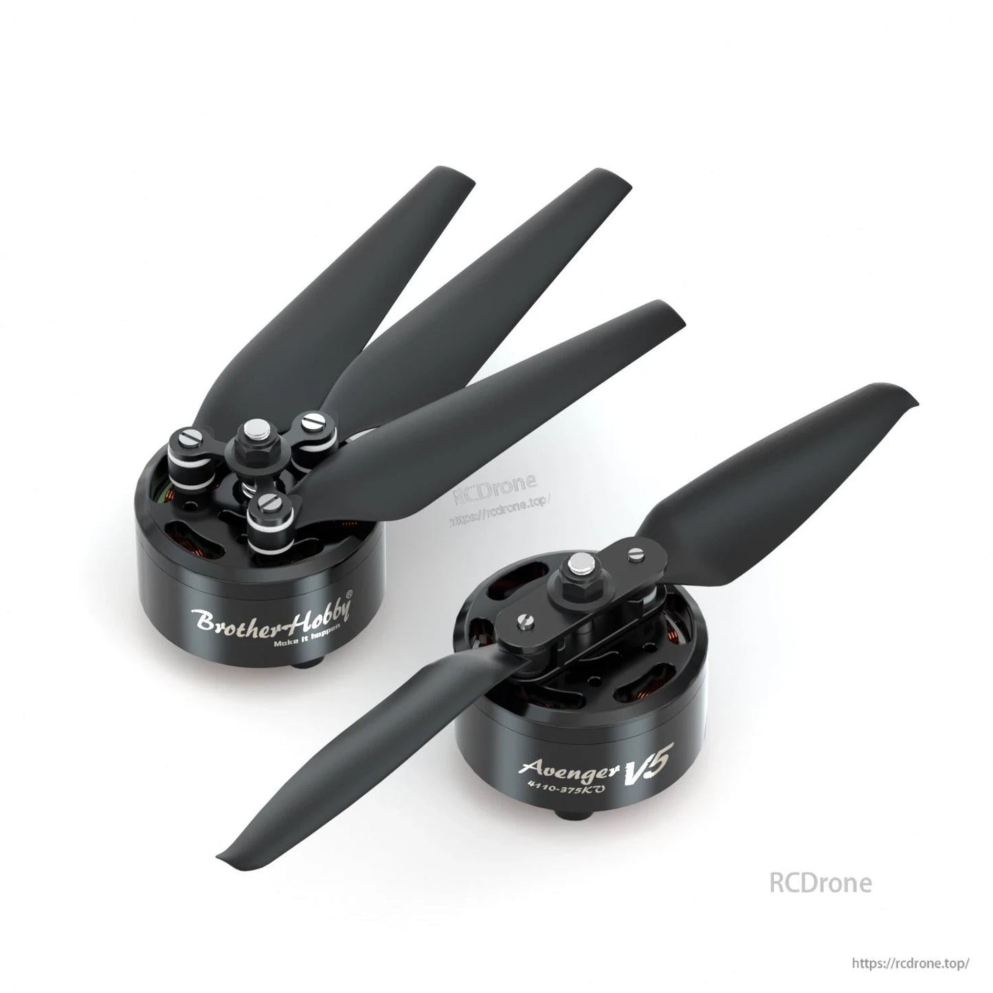 BrotherHobby Avenger 4110 V5 Motor, Two BrotherHobby Avenger V5 brushless drone motors with black propellers mounted on top