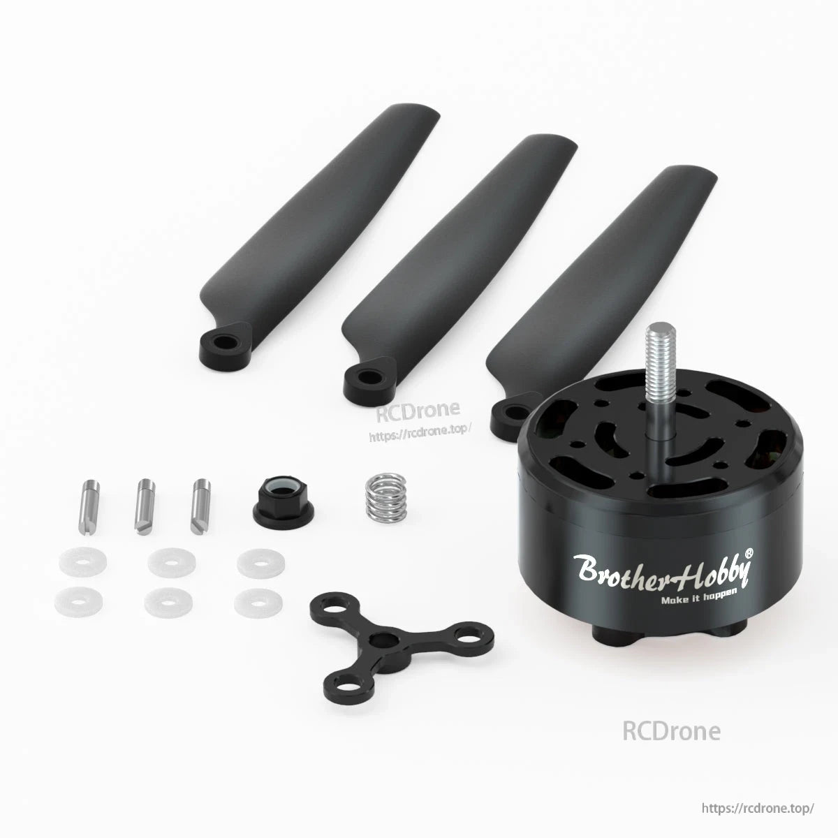 BrotherHobby Avenger 4112 V5 CW Motor, BrotherHobby Avenger 4112 V5 CW drone motor kit with three propeller blades, mounting plate, and hardware