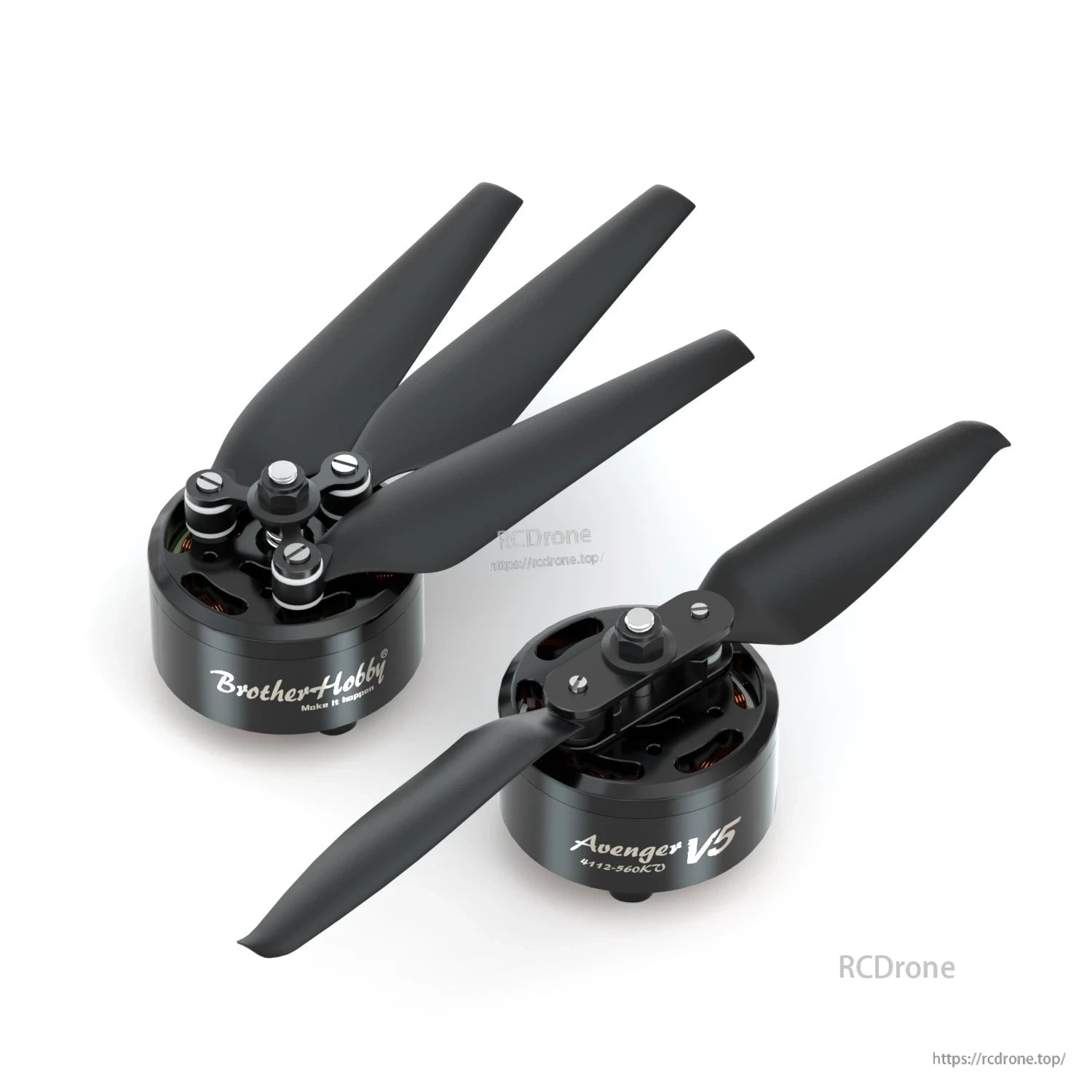 BrotherHobby Avenger 4112 V5 CW Motor, BrotherHobby Avenger 4112 V5 CW brushless motor with black propeller and top-mounted screws