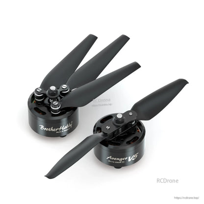 BrotherHobby Avenger 4112 V5 CW Motor, BrotherHobby Avenger 4112 V5 CW brushless motor with black propeller and top-mounted screws