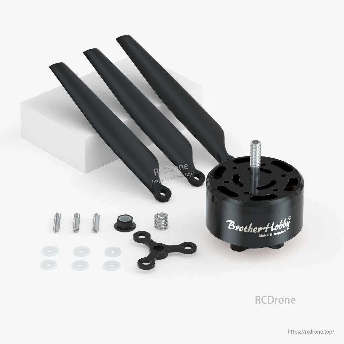 BrotherHobby Avenger 4112 V5 CW Motor, BrotherHobby Avenger 4112 V5 brushless motor with threaded shaft, prop blades, and mounting hardware kit