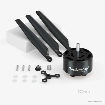 BrotherHobby Avenger 4112 V5 CW Motor, BrotherHobby Avenger 4112 V5 brushless motor with threaded shaft, prop blades, and mounting hardware kit