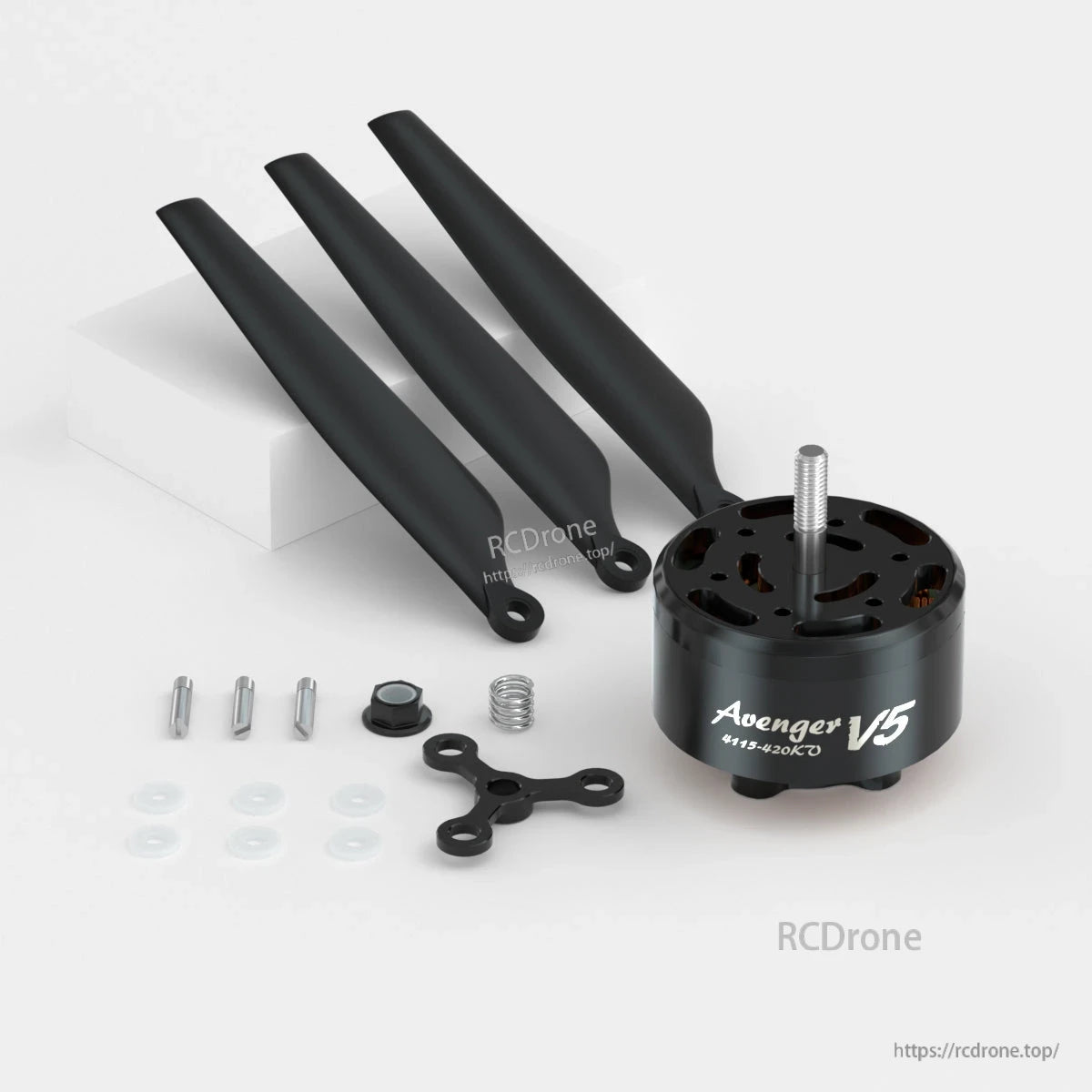 BrotherHobby Avenger 4115 V5 CW Brushless Motor, BrotherHobby Avenger V5 brushless motor with propellers, mounting screws, washers, and adapter parts