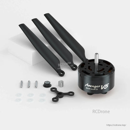 BrotherHobby Avenger 4115 V5 CW Brushless Motor, BrotherHobby Avenger V5 brushless motor with propellers, mounting screws, washers, and adapter parts
