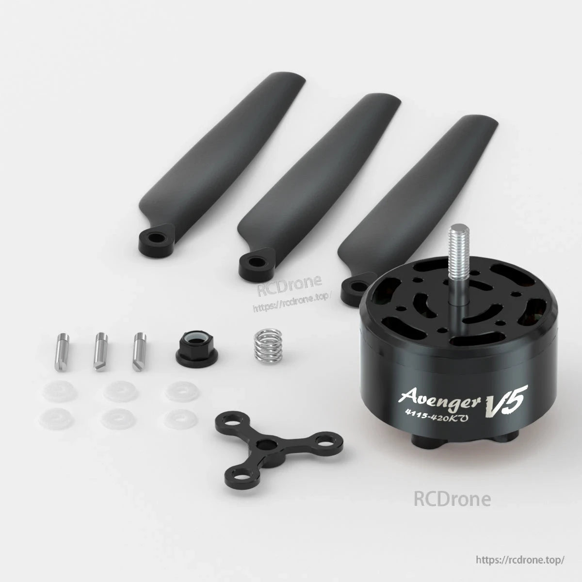 BrotherHobby Avenger 4115 V5 CW Brushless Motor, BrotherHobby Avenger V5 4115 CW brushless motor with three propeller blades, mounting cross, and hardware kit