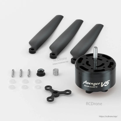 BrotherHobby Avenger 4115 V5 CW Brushless Motor, BrotherHobby Avenger V5 4115 CW brushless motor with three propeller blades, mounting cross, and hardware kit