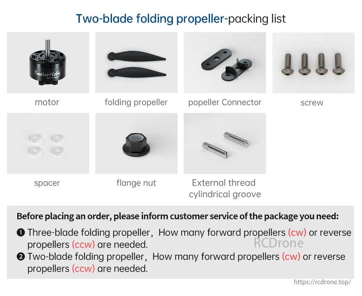 BrotherHobby Avenger 4215 Motor, The packing list includes a motor, folding propeller, connector, screws, spacers, flange nut, and external thread cylindrical groove for a two-blade propeller.