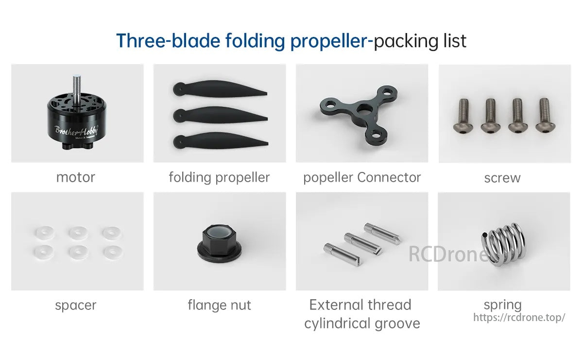 BrotherHobby Avenger 4215 Motor, A three-blade folding propeller kit consists of a motor, propeller, connector, screws, spacers, nut, and spring.