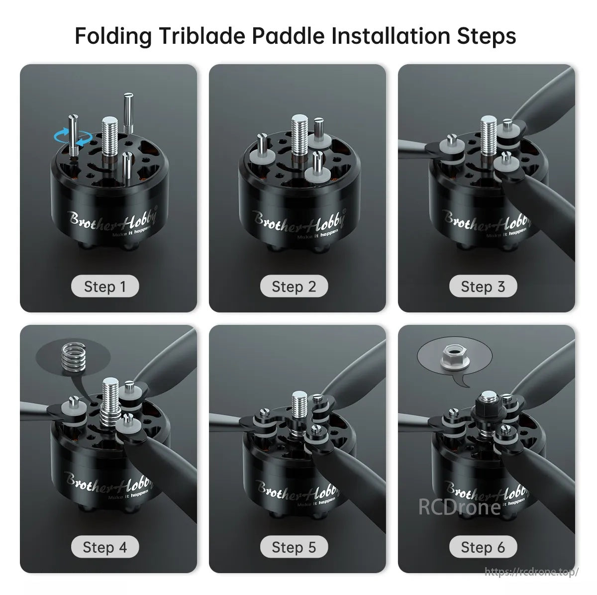 BrotherHobby Avenger 4215 Motor, Installing a folding triblade paddle on a Brother Hobby motor involves six steps: screwing in the propeller, aligning it, and securing it with a nut.