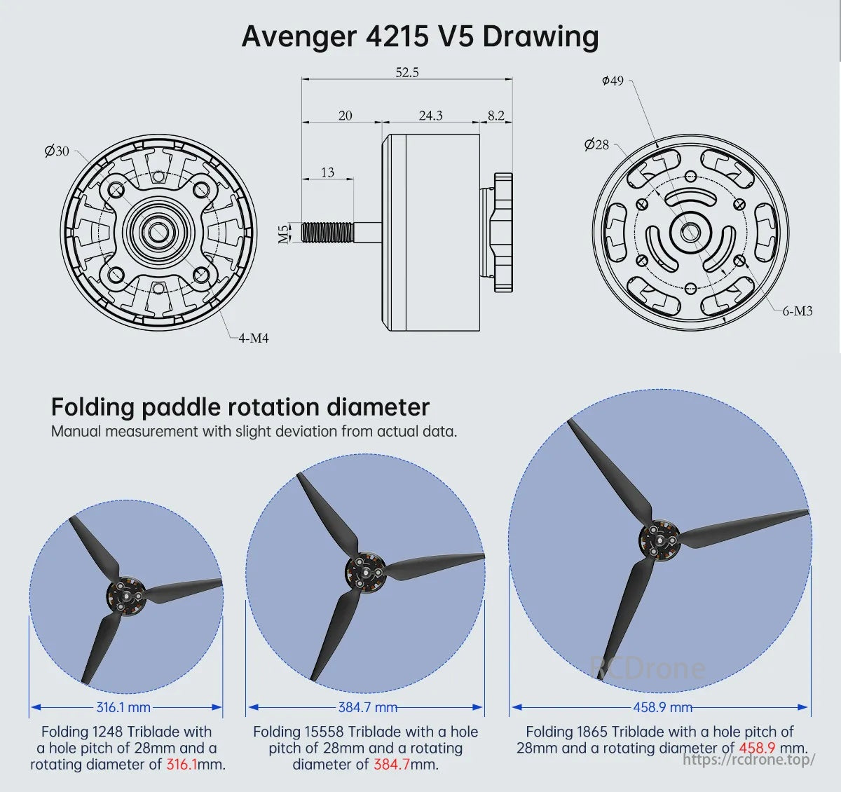 BrotherHobby Avenger 4215 Motor, The Avenger 4215 V5 motor has dimensions and specs, including three propeller options with different diameters.