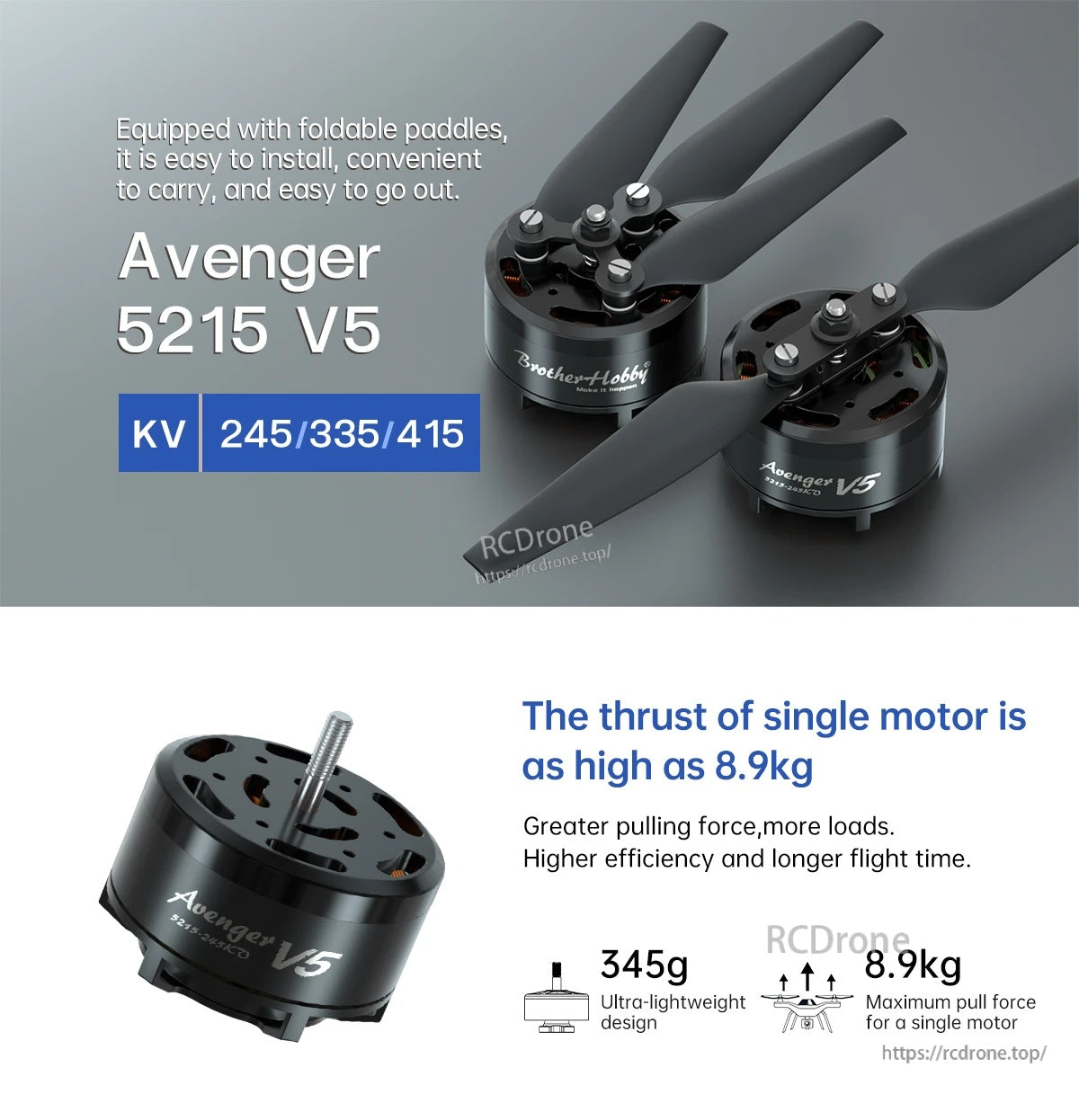 BrotherHobby Avenger 5215 V5 Motor, BrotherHobby Avenger 5215 V5 brushless motor with folding propellers, KV 245/335/415 and 8.9 kg thrust claim
