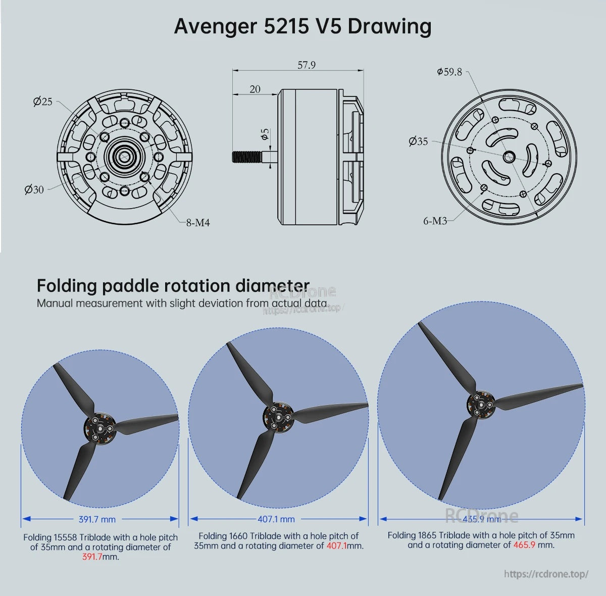 BrotherHobby Avenger 5215 V5 Motor, Avenger 5215 V5 motor dimension drawing with mounting patterns and folding prop rotation diameters (391.7–465.9 mm).
