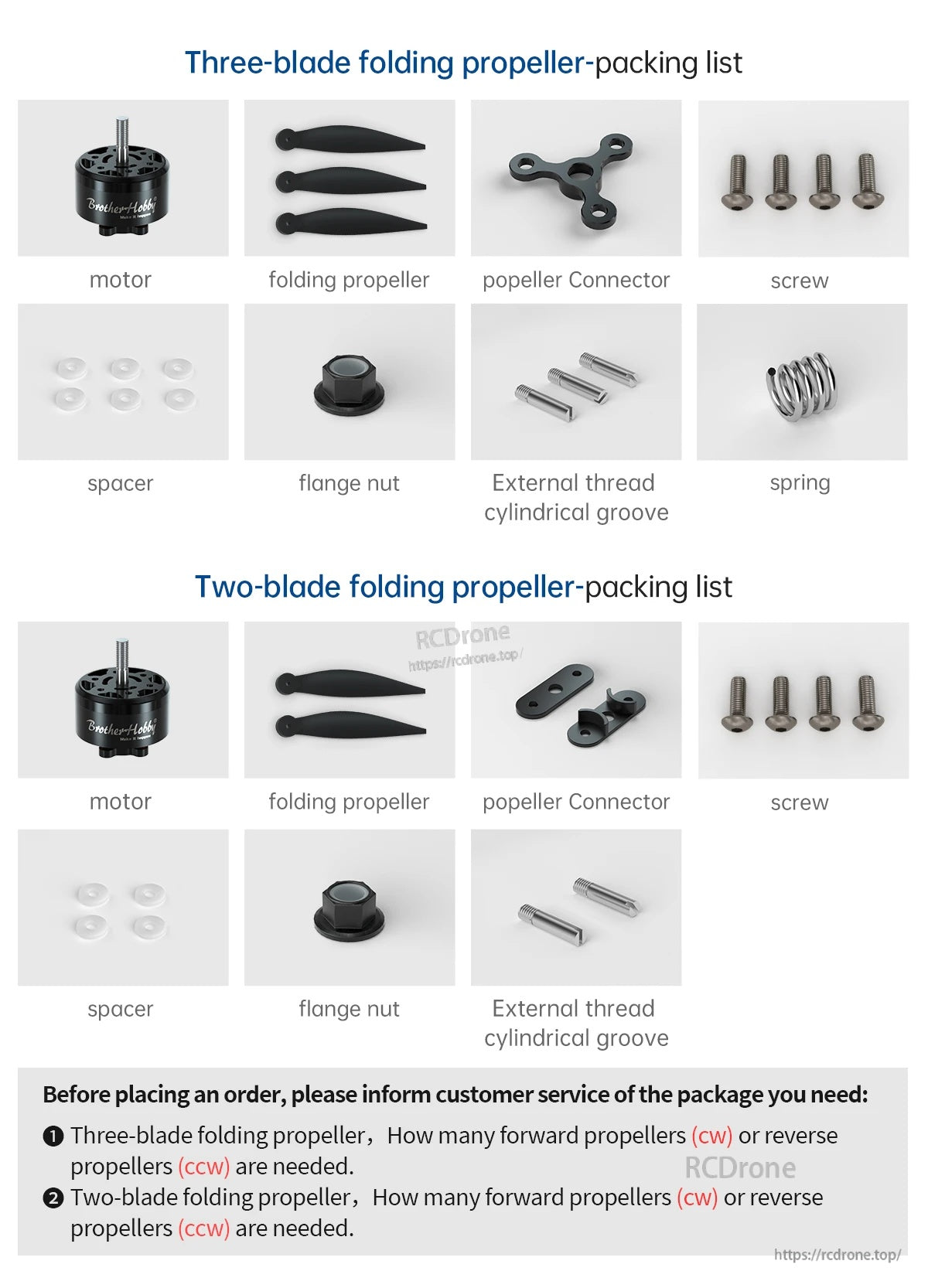 BrotherHobby Avenger 5215 V5 Motor, Packing list for folding propeller set with motor, propeller blades, connector, screws, spacers, flange nut and spring