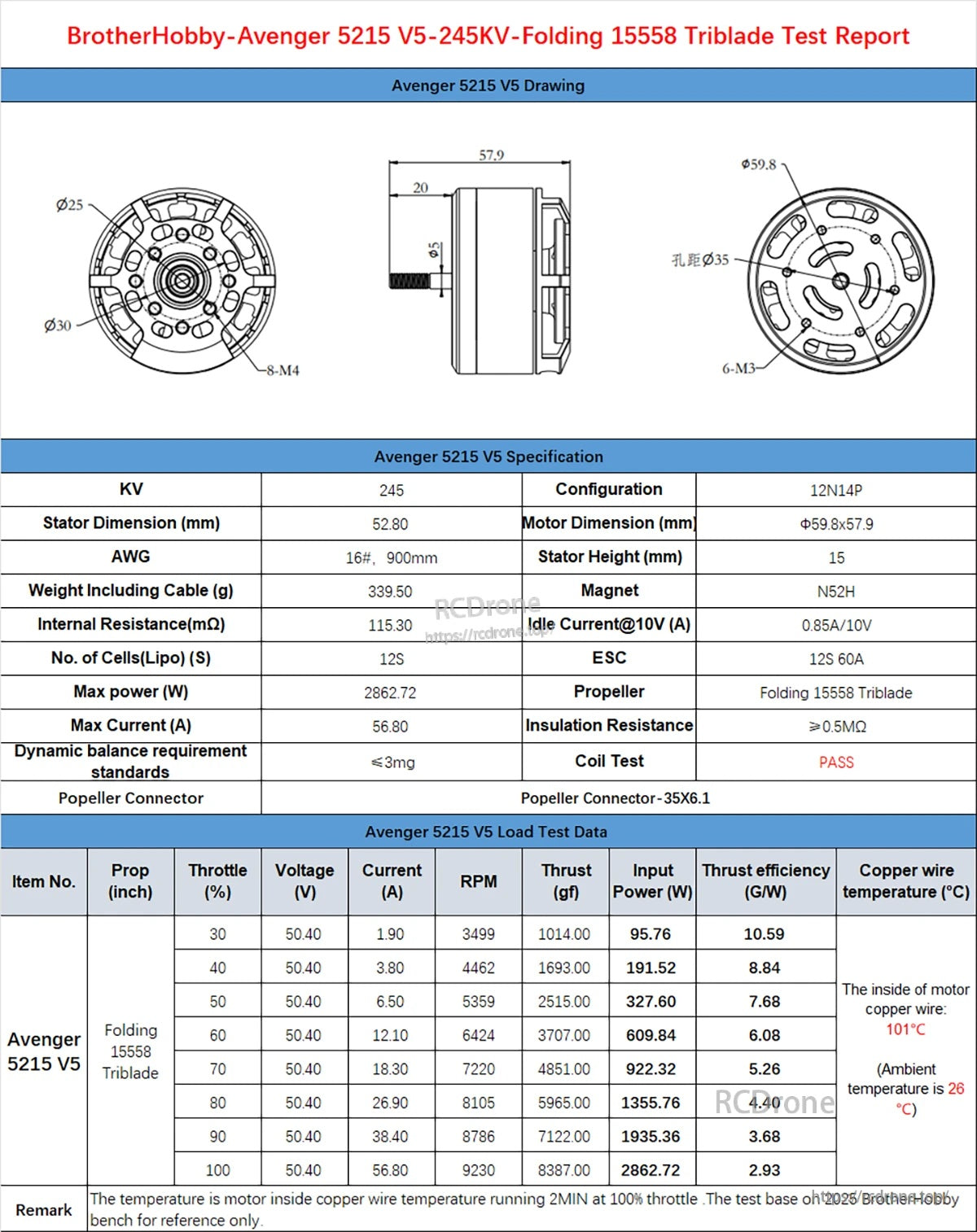 BrotherHobby Avenger 5215 V5 Motor, BrotherHobby Avenger 5215 V5 245KV motor spec sheet with dimension drawings and 12S load test table