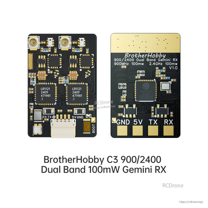 BrotherHobby C3 900/2400 dual-band Gemini RX receiver board with two IPEX antenna ports and GND 5V TX RX pads