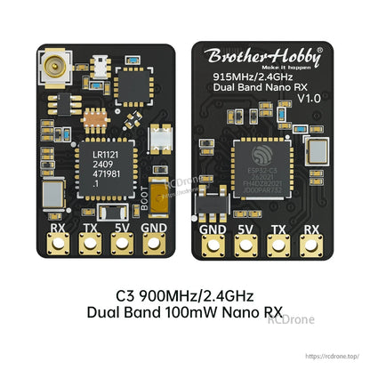BrotherHobby C3 ExpressLRS Receiver, BrotherHobby C3 dual-band ExpressLRS nano receiver PCB with u.FL antenna connector and GND/5V/TX/RX pads