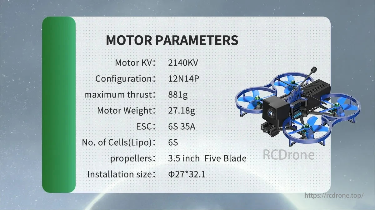 BrotherHobby R3.5 2205 2140KV 6S Brushless Motor, BrotherHobby R3.5 2205 motor with 12N14P, 881g thrust, 27.18g weight, 6S 35A ESC, and 3.5-inch five-blade props. Install size: Φ27*32.1.