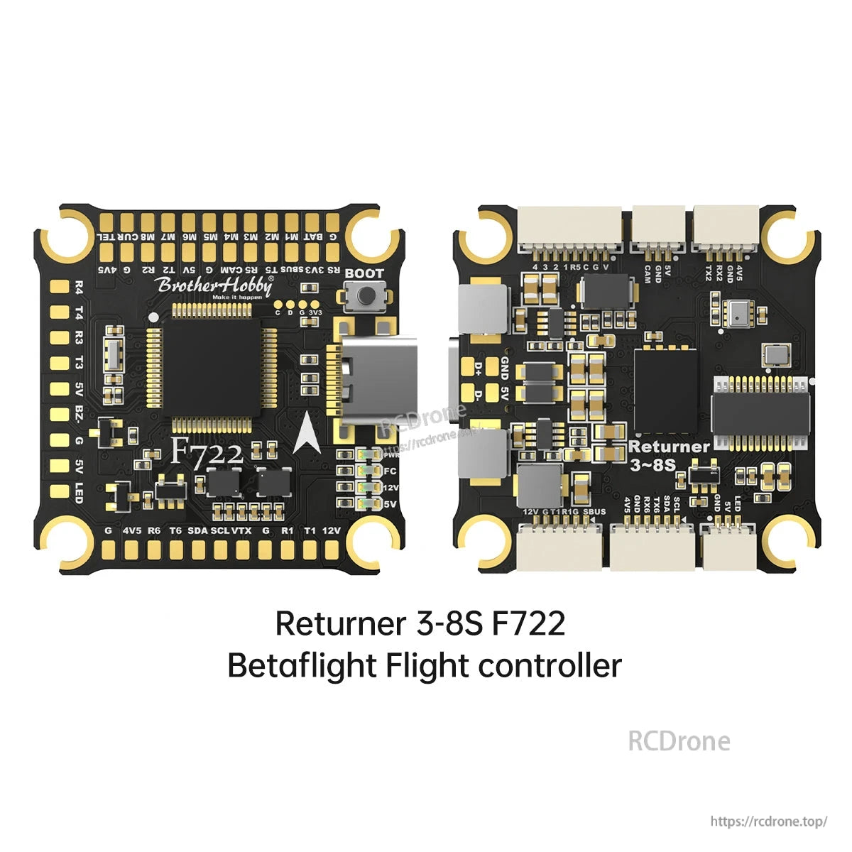 BrotherHobby Returner 3-8S F722 Betaflight flight controller board, front and back view with USB-C port