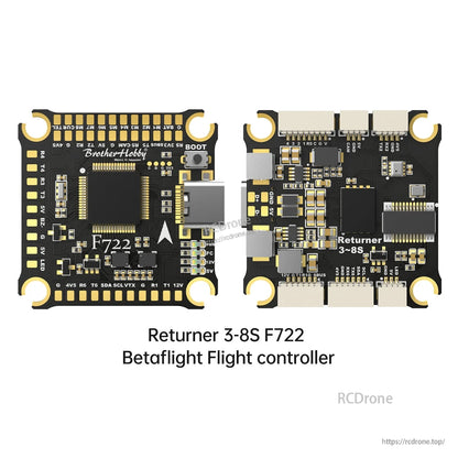 BrotherHobby Returner 3-8S F722 Betaflight flight controller board, front and back view with USB-C port