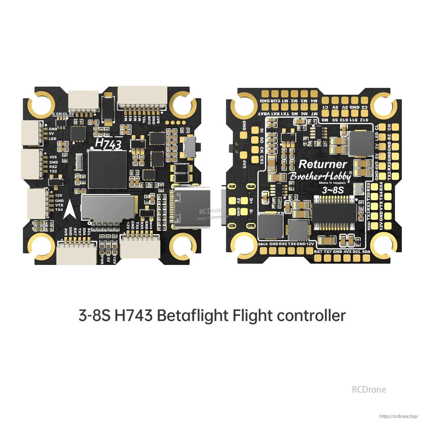 BrotherHobby Returner H743 Betaflight flight controller board, top and bottom views with USB-C and 3–8S label