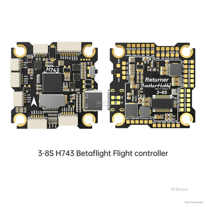 BrotherHobby Returner H743 Betaflight flight controller board, top and bottom views with USB-C and 3–8S label