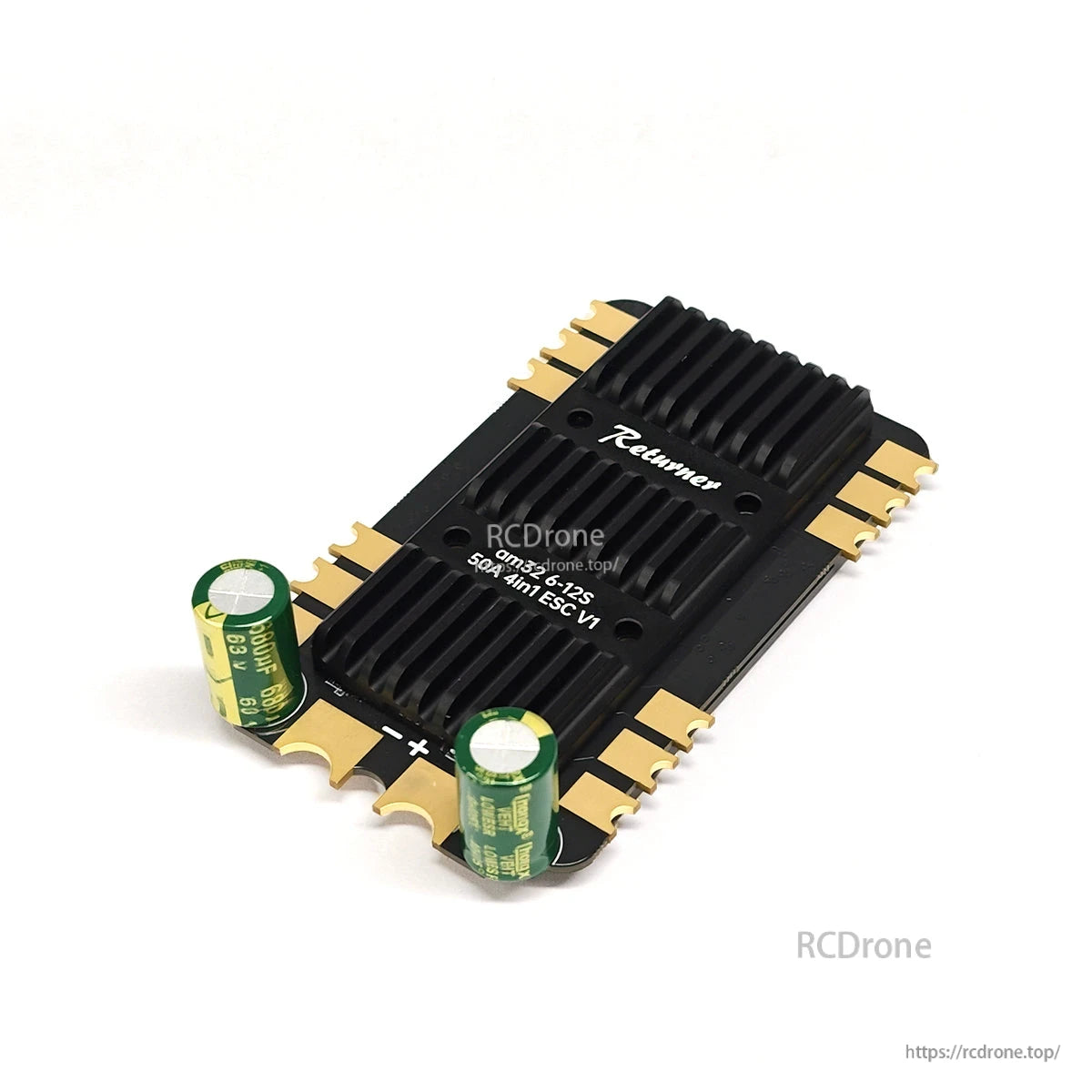 BrotherHobby Returner 50A 6–12S 4-in-1 drone ESC with black heatsink and two capacitors