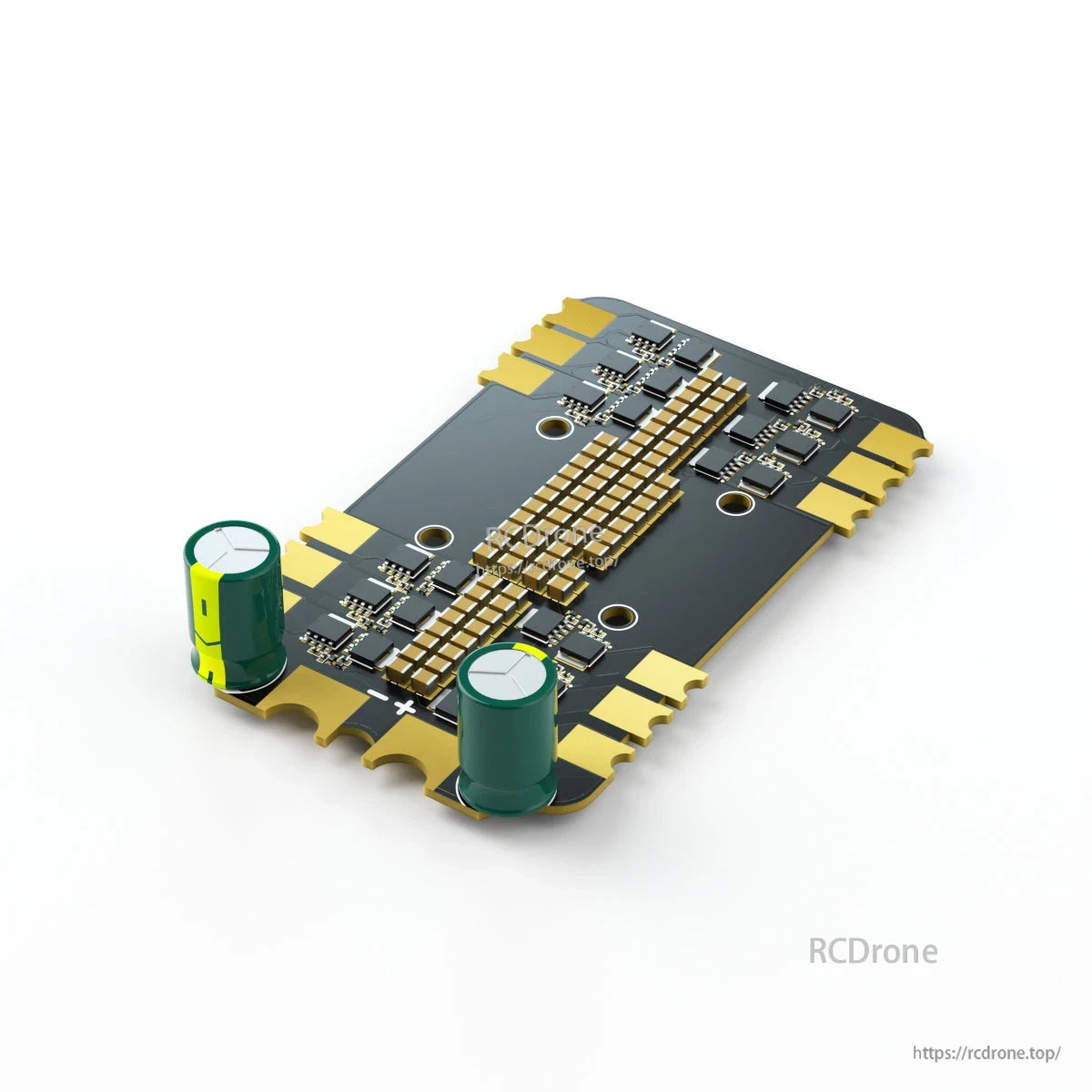 BrotherHobby Returner 4-in-1 drone ESC board with gold solder pads, central power traces, and two capacitors