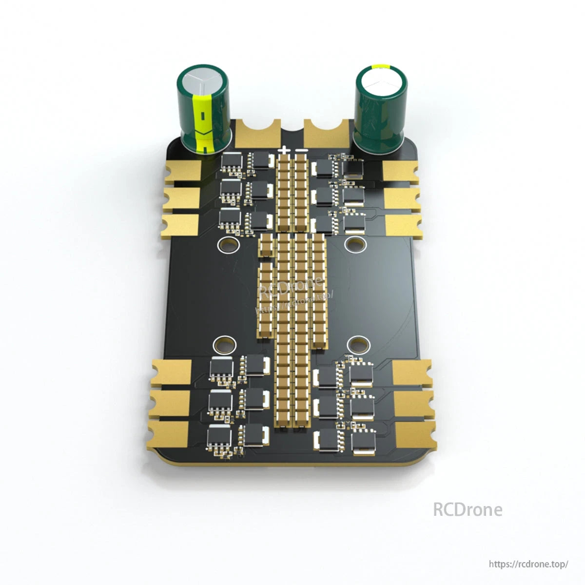 BrotherHobby Returner 4-in-1 ESC board with two capacitors, gold power pads, and 30.5x30.5mm mount holes