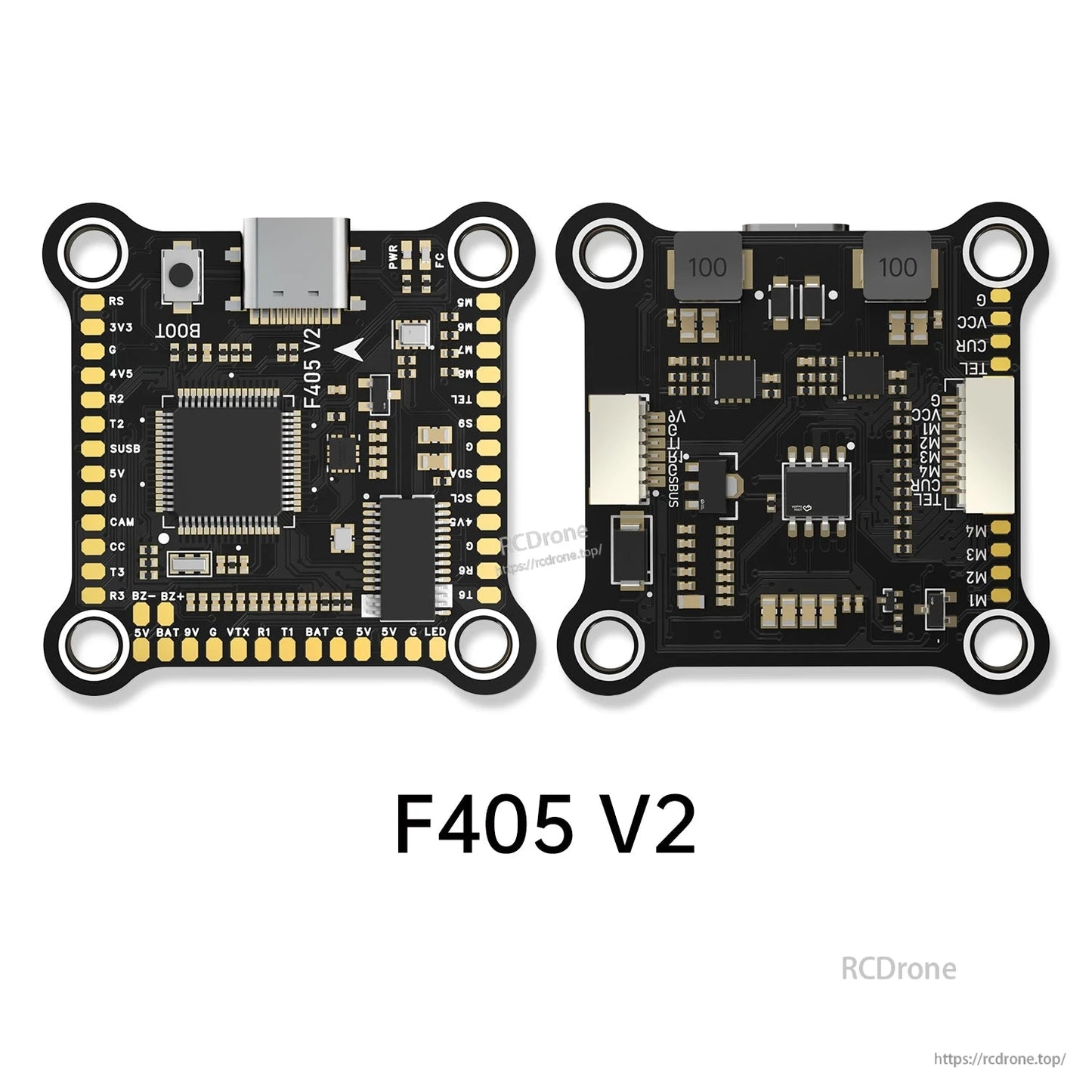 BrotherHobby Returner F405 V2 FPV flight controller board with USB-C port, labeled solder pads, and mounting holes