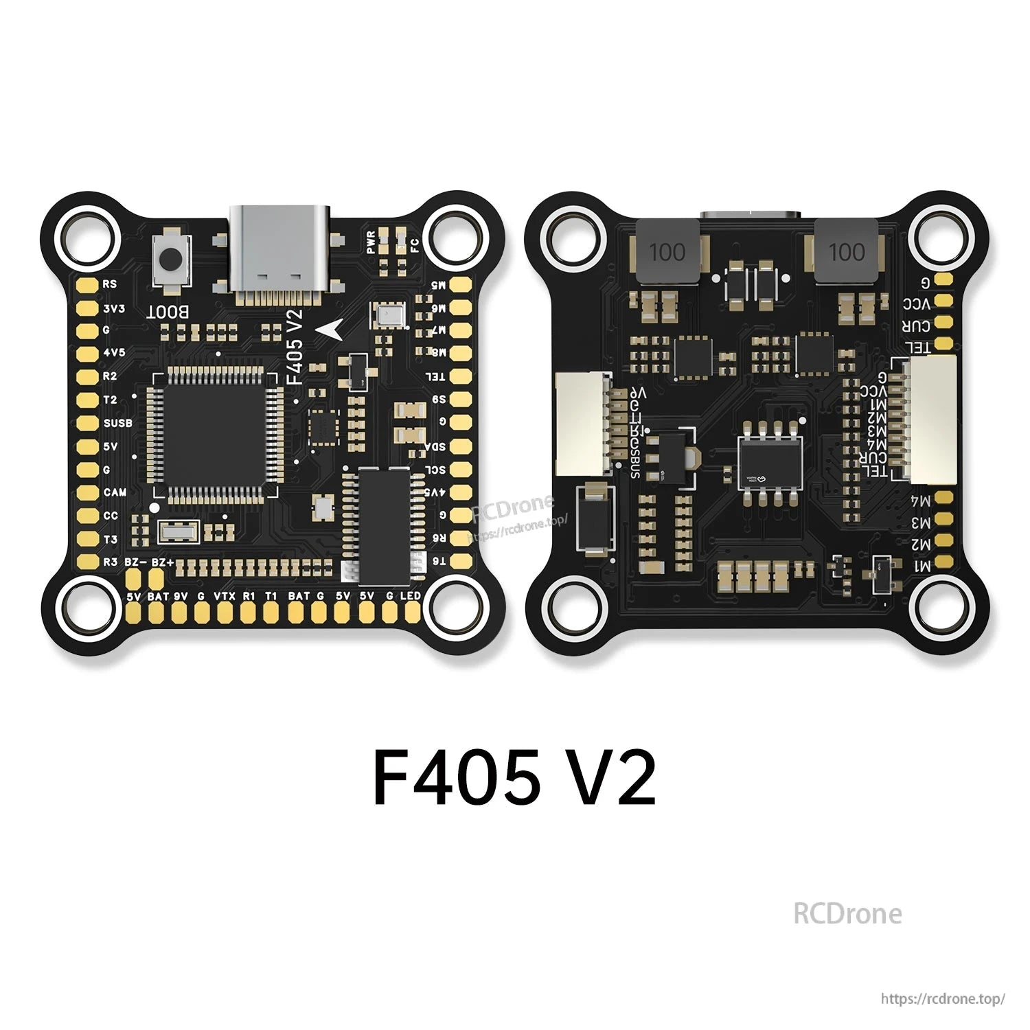 BrotherHobby Returner F405 V2 FPV flight controller board with USB-C port, labeled solder pads, and mounting holes