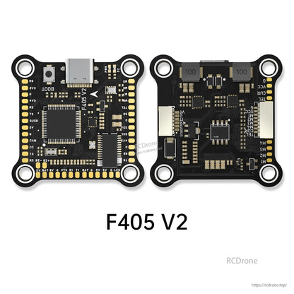 BrotherHobby Returner F405 V2 FPV flight controller board with USB-C port, labeled solder pads, and mounting holes