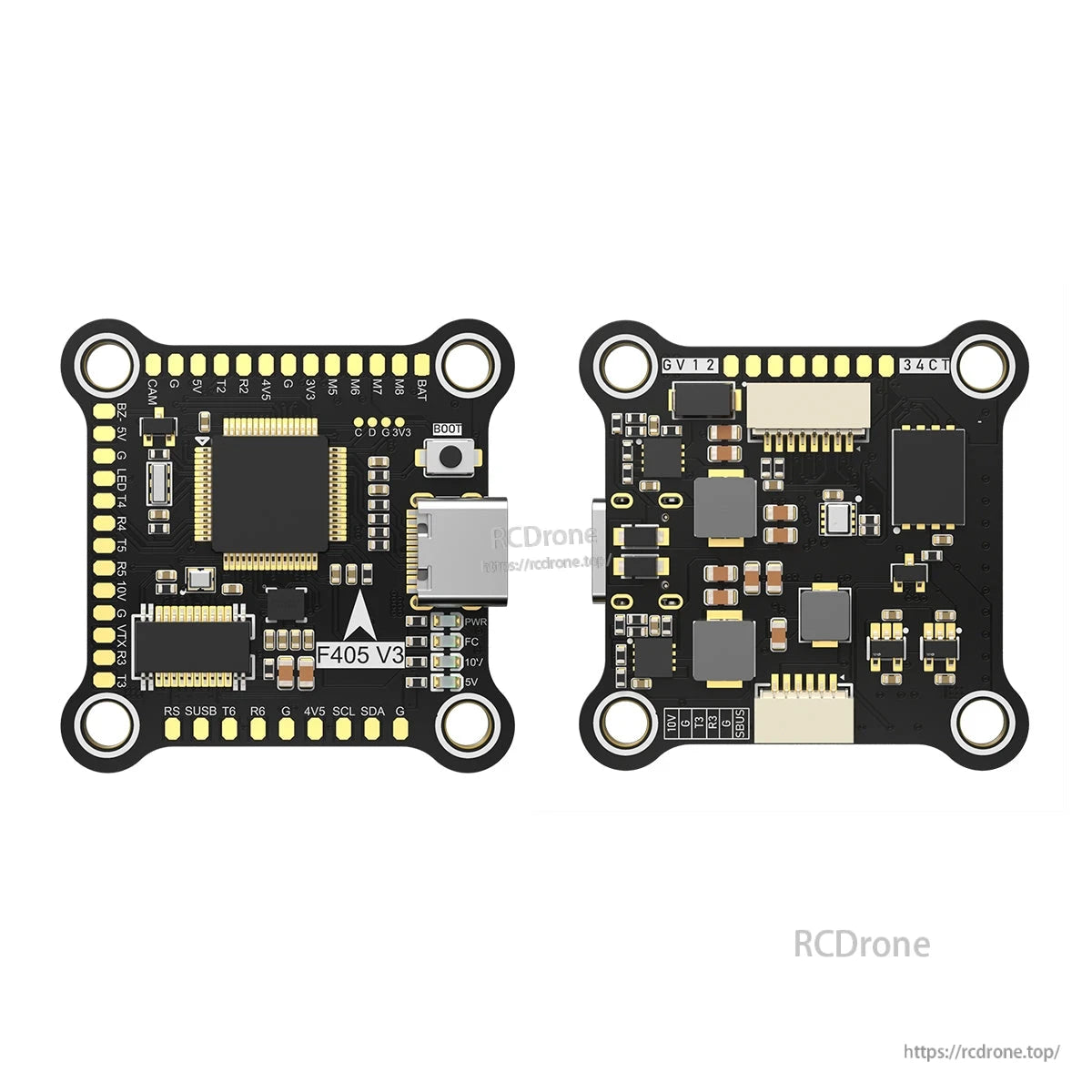 BrotherHobby Returner F405 V3 flight controller board, front and back view with micro USB port, pads and connectors