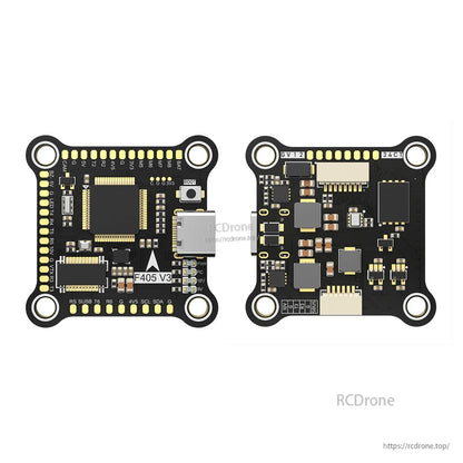 BrotherHobby Returner F405 V3 flight controller board, front and back view with micro USB port, pads and connectors