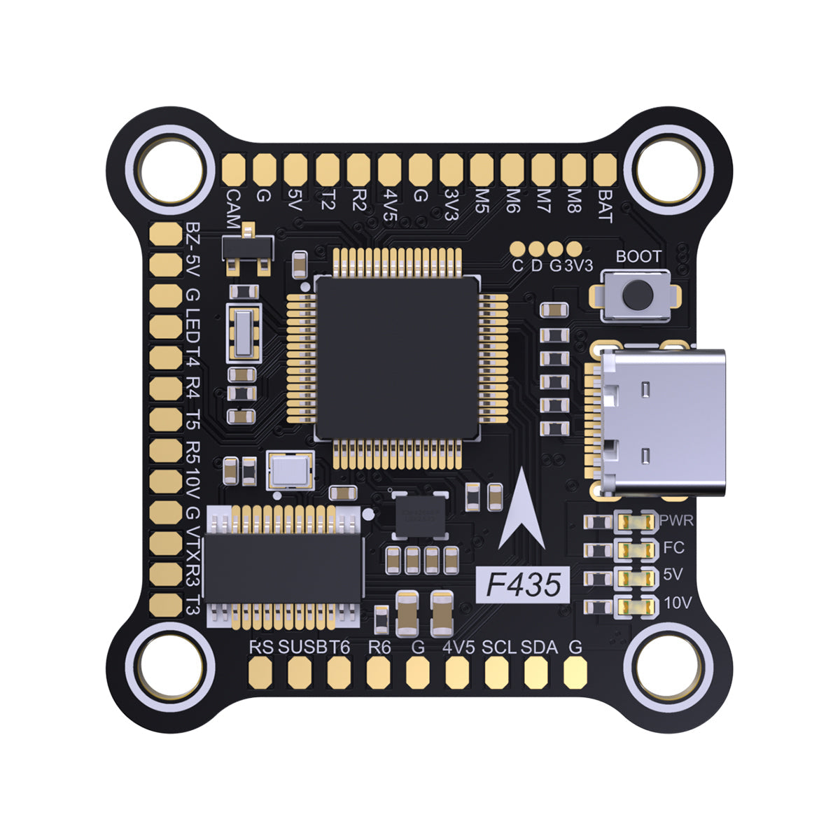 BrotherHobby Returner F435 flight controller board with USB-C port, boot button, and labeled solder pads