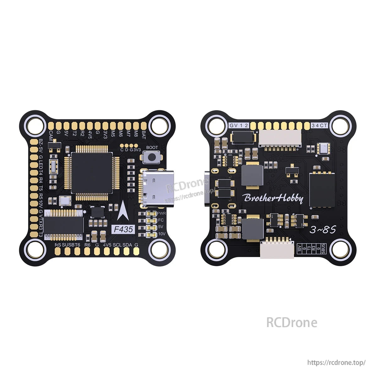 BrotherHobby Returner F435 flight controller board with USB-C port, solder pads, and 3–8S marking shown front and back