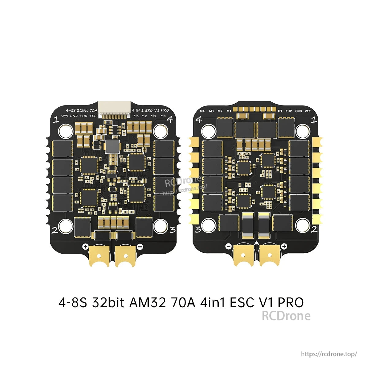 BrotherHobby Returner V1 PRO 4-in-1 ESC board (4–8S, AM32, 70A) showing both sides and motor pad layout