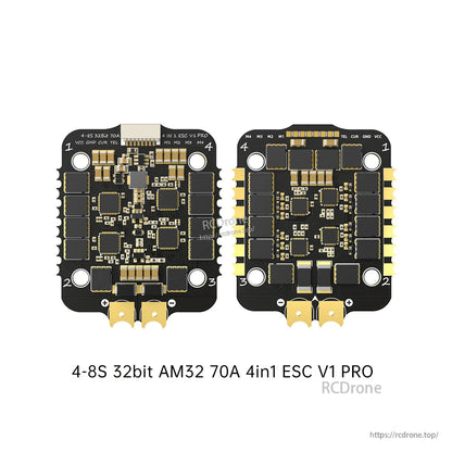 BrotherHobby Returner V1 PRO 4-in-1 ESC board (4–8S, AM32, 70A) showing both sides and motor pad layout