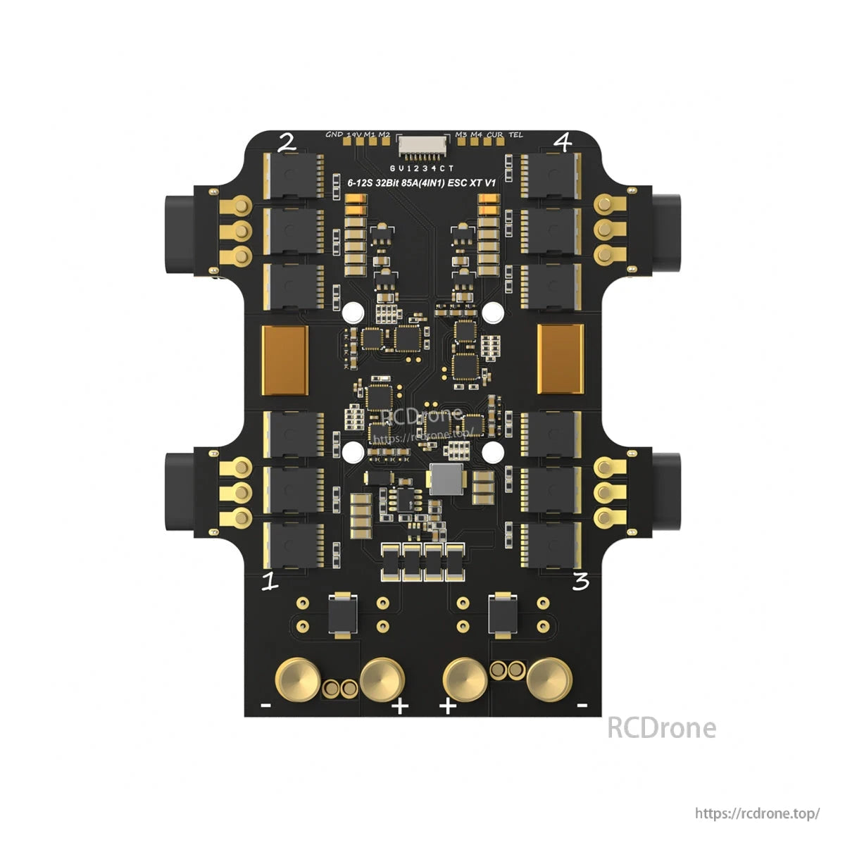 BrotherHobby Returner XT V1 32-bit AM32 85A 4-in-1 ESC board with labeled motor outputs and +/– pads