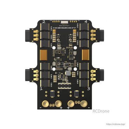 BrotherHobby Returner XT V1 32-bit AM32 85A 4-in-1 ESC board with labeled motor outputs and +/– pads