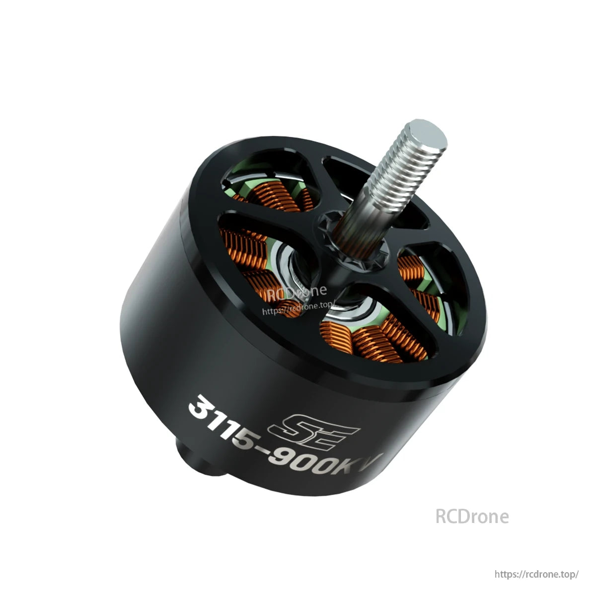 BrotherHobby SE 3115 900KV Motor, BrotherHobby SE 3115-900KV brushless motor with threaded shaft and open bell showing copper windings