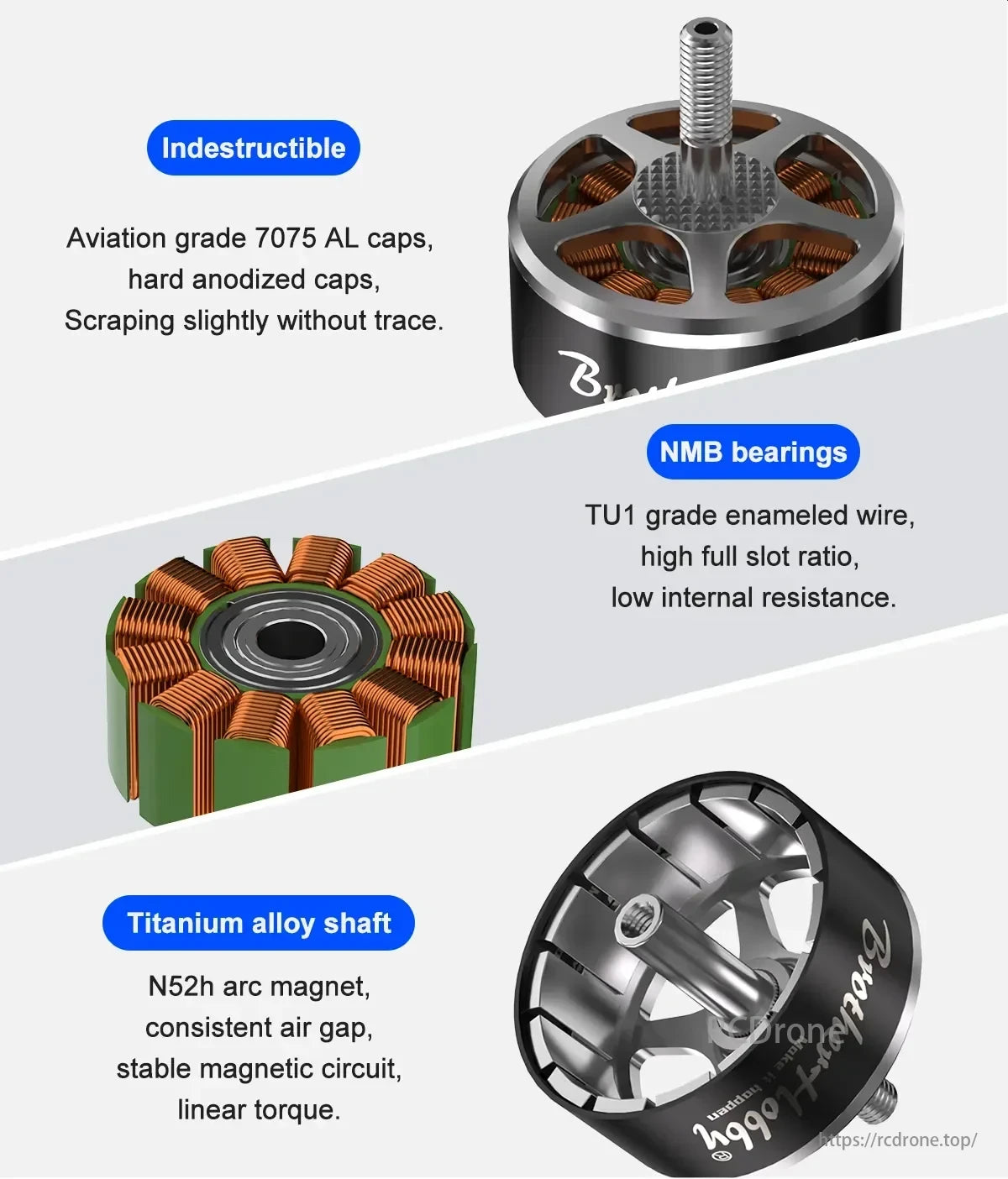 BrotherHobby SE V4 Motor, High-grade materials like 7075 AL, NMB bearings, TU1 wire, titanium shaft, and N52h magnet ensure stable circuitry and linear torque.